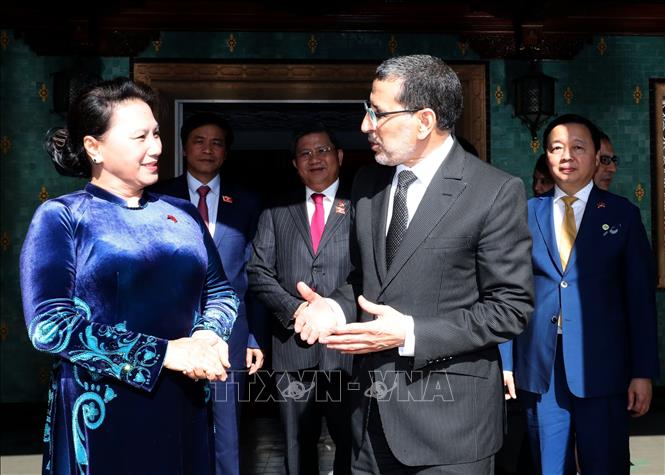 Tiếp tục chương trình thăm chính thức Maroc, chiều 28/3/2019, tại thủ đô Rabat, Chủ tịch Quốc hội Nguyễn Thị Kim Ngân hội kiến với Thủ tướng Maroc Saadeddine Othmanit. Ảnh: Trọng Đức - TTXVN