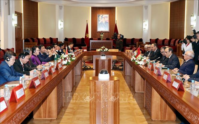 Trong khuôn khổ chuyến thăm chính thức Vương quốc Maroc, sáng 28/3/2019 (theo giờ địa phương), tại trụ sở Hạ viện Maroc ở thủ đô Rabat, Chủ tịch Quốc hội Nguyễn Thị Kim Ngân hội đàm với Chủ tịch Hạ viện Maroc Habib El Malki. Ảnh: Trọng Đức - TTXVN