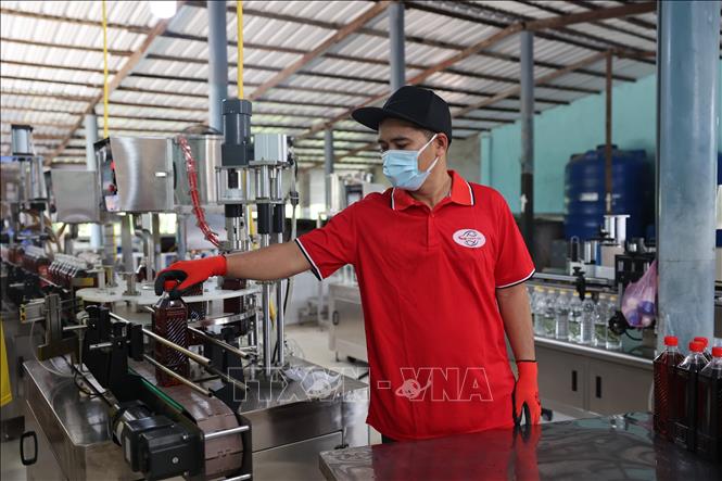 Công nhân làm việc tại cơ sở sản xuất nước mắm truyền thống của Công ty TNHH Sản xuất nước mắm Thiên Lộc. Ảnh: Hoàng Nhị - TTXVN.