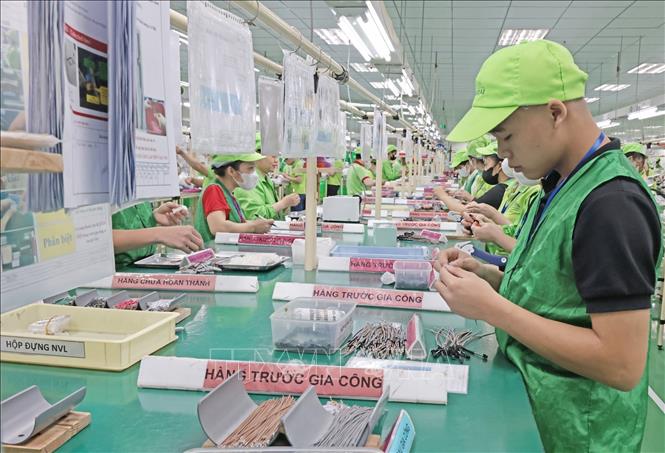 Dây chuyền lắp ráp hàng trước gia công. Ảnh: Trần Việt - TTXVN