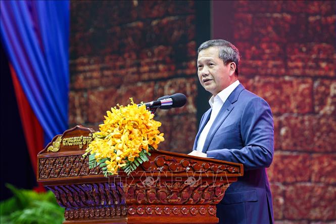 Thủ tướng Campuchia Hun Manet phát biểu tại sự kiện ở Phnom Penh ngày 18/7/2025. Ảnh: THX/TTXVN