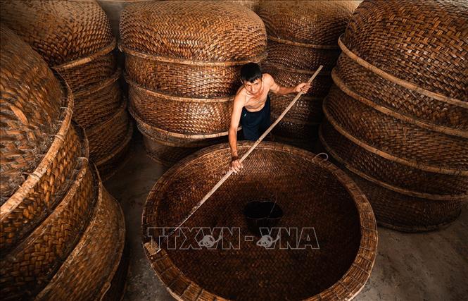 Kỹ thuật chống thấm bằng phân bò và nhựa dầu rái được truyền lại từ đời cha ông, giúp thúng có màu đẹp chống mối mọt. Lớp chống thấm đặc biệt này có thể dùng trong môi trường nước biển 4 - 5 năm. Thúng bị rách có thể được đem về vá lại. Ảnh: Khánh Hòa – TTXVN 