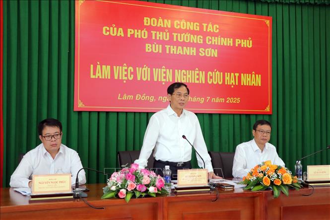 Phó Thủ tướng Bùi Thanh Sơn phát biểu chỉ đạo tại cuộc làm việc với Viện nghiên cứu hạt nhân đóng tại Đà Lạt. Ảnh: Chu Quốc Hùng - TTXVN