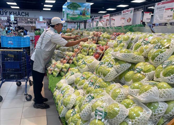 Nhân viên siêu thị Lotte Mart sắp xếp sản phẩm trái cây. Ảnh: Hương Giang – TTXVN