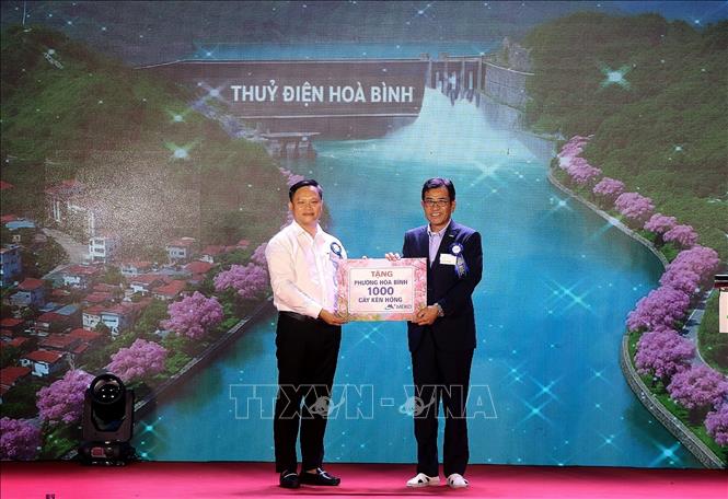 Đại diện Tập đoàn Meiko tặng phường Hòa Bình 1.000 cây kèn hồng. Ảnh: Thanh Hải - TTXVN