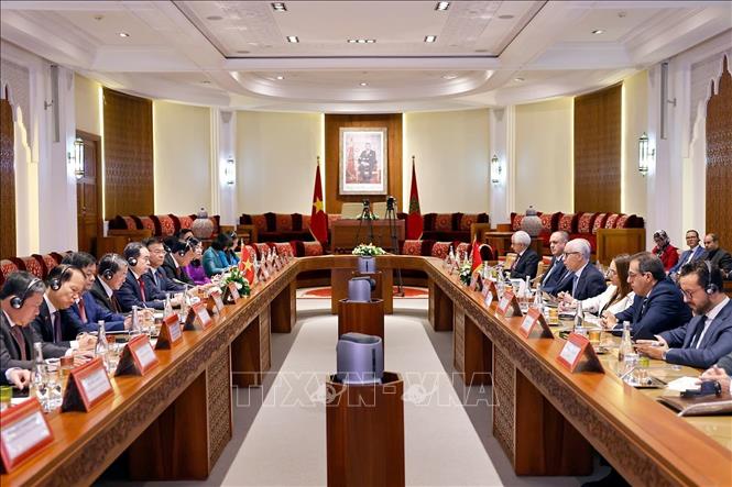 Chủ tịch Quốc hội Trần Thanh Mẫn hội đàm với Chủ tịch Hạ viện Maroc Rachid Talbi Alami. Ảnh: Doãn Tấn - TTXVN