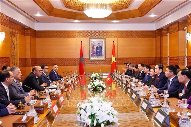 Chủ tịch Quốc hội Trần Thanh Mẫn hội kiến Chủ tịch Thượng viện Maroc Mohamed Ould Errachid. Ảnh: Doãn Tấn - TTXVN
