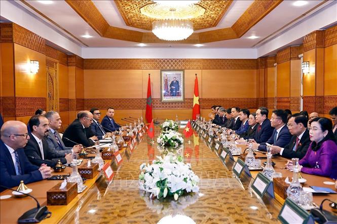 Chủ tịch Quốc hội Trần Thanh Mẫn hội kiến Chủ tịch Thượng viện Maroc Mohamed Ould Errachid. Ảnh: Doãn Tấn - TTXVN
