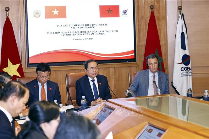 Chủ tịch Quốc hội Trần Thanh Mẫn phát biểu tại Tọa đàm chính sách thúc đẩy hợp tác kinh tế, thương mại và đầu tư Việt Nam - Maroc. Ảnh: Doãn Tấn – TTXVN