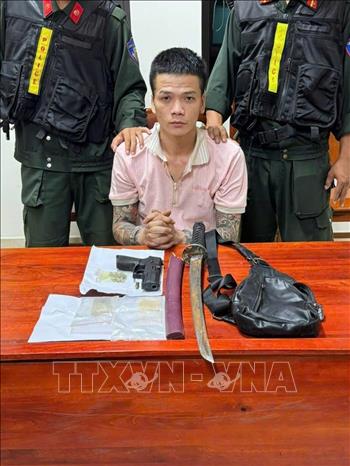 Đối tượng Trần Quốc Kh. và tang vật 1 vật nghi là súng quân dụng, 7 viên đạn, 1 cây kiếm và các hạt tinh thể màu trắng nghi là ma tuý. Ảnh: TTXVN phát