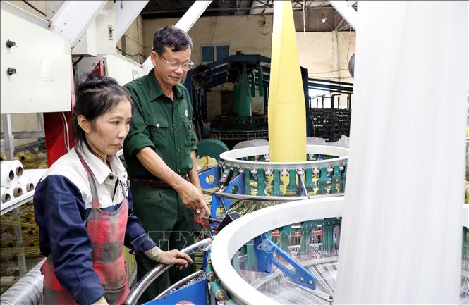 Giám đốc Trịnh Văn Nghiên hướng dẫn công nhân vận hành máy. Ảnh: Nguyễn Lành - TTXVN 