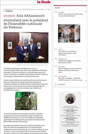 Báo điện tử Maroc đưa tin về chuyến thăm và các hoạt động của đoàn lãnh đạo cấp cao Việt Nam. Ảnh: Chụp màn hình