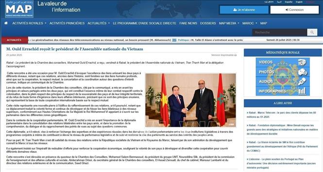 Báo điện tử Maroc đưa tin về chuyến thăm và các hoạt động của đoàn lãnh đạo cấp cao Việt Nam. Ảnh: Chụp màn hình
