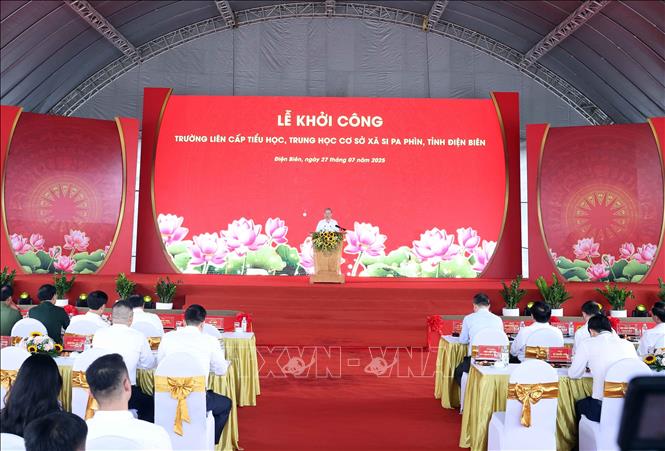 Tổng Bí thư Tô Lâm phát biểu tại Lễ khởi công Trường liên cấp Tiểu học, Trung học cơ sở xã Si Pa Phìn, tỉnh Điện Biên. Ảnh: Thống Nhất – TTXVN