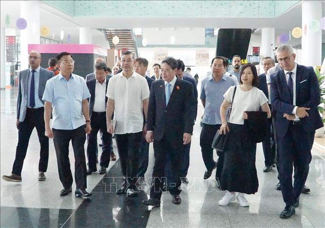 Phó Chủ tịch Quốc hội Nguyễn Đức Hải và Phó Thủ tướng Lê Thành Long khảo sát nhà ga trung tâm đường sắt cao tốc tại Rabat. Ảnh: TTXVN phát