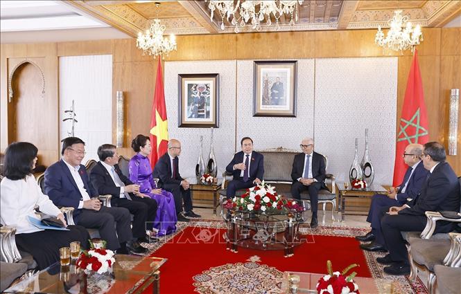 Chủ tịch Hạ viện Maroc Rachid Talbi Alami tiễn Chủ tịch Quốc hội Trần Thanh Mẫn và Phu nhân tại Sân bay Sale Rabat. Ảnh: Doãn Tấn – TTXVN