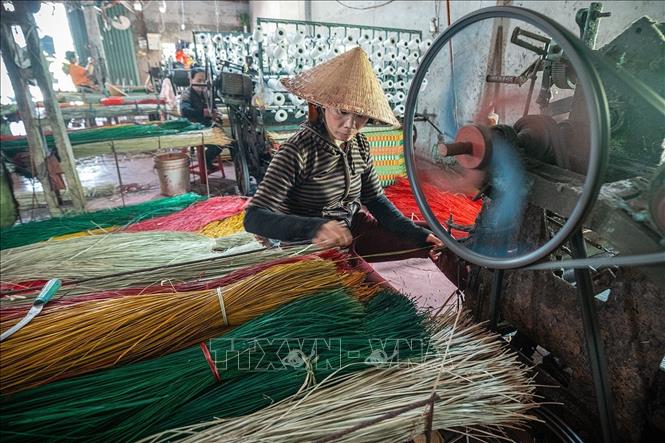 Nhiều hộ gia đình ở Phú Tân nay đã sử dụng máy dệt chiếu thay cho dệt tay trước đây để mang lại hiệu quả kinh tế cao hơn. Ảnh: Khánh Hoà – TTXVN 