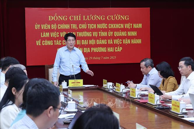 Chủ tịch nước Lương Cường phát biểu chỉ đạo tại buổi làm việc với Ban Thường vụ Tỉnh uỷ Quảng Ninh. Ảnh: Lâm Khánh – TTXVN