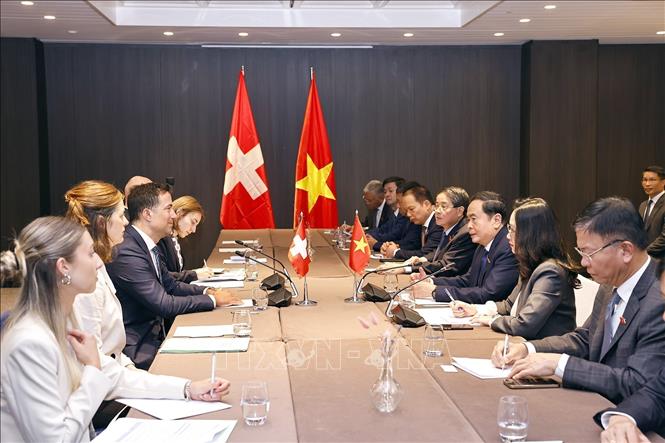 Chủ tịch Quốc hội Trần Thanh Mẫn hội kiến Chủ tịch Thượng viện Thụy Sĩ Andrea Caroni. Ảnh: Doãn Tấn – TTXVN