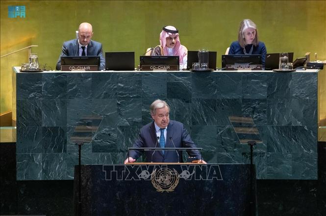 Tổng Thư ký Liên hợp quốc (LHQ) António Guterres (phía trước) phát biểu tại Hội nghị cấp cao về giải pháp hòa bình cho vấn đề Palestine ở New York (Mỹ) ngày 28/7/2025. Ảnh: SPA/TTXVN