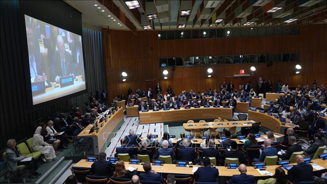Toàn cảnh Hội nghị quốc tế của Liên hợp quốc về xung đột Israel-Palestine, do Pháp và Saudi Arabia đồng chủ trì, tại New York, Mỹ ngày 28/7/2025. Ảnh: AA/TTXVN