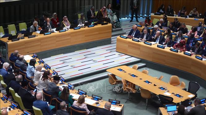 Toàn cảnh Hội nghị quốc tế của Liên hợp quốc về xung đột Israel-Palestine, do Pháp và Saudi Arabia đồng chủ trì, tại New York, Mỹ ngày 28/7/2025. Ảnh: AA/TTXVN