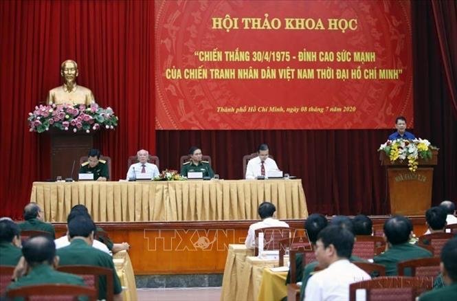 Hội thảo khoa học “Chiến thắng 30/4/1975 - Đỉnh cao sức mạnh của chiến tranh nhân dân Việt Nam thời đại Hồ Chí Minh”, do Viện Lịch sử quân sự Việt Nam (Bộ Quốc phòng) phối hợp với Ban Tuyên giáo Thành ủy Thành phố Hồ Chí Minh tổ chức ngày 8/7/2020. Ảnh: Thành Chung – TTXVN