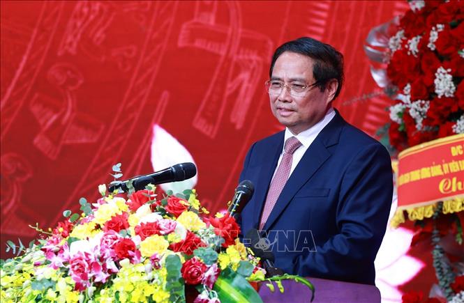 Thủ tướng Phạm Minh Chính, Bí thư Đảng uỷ Chính phủ phát biểu tại Đại hội đại biểu Đảng bộ Đài Truyền hình Việt Nam lần thứ 12, nhiệm kỳ 2025 - 2030. Ảnh: Dương Giang - TTXVN
