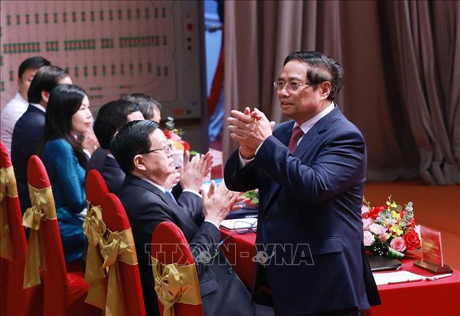 Thủ tướng Phạm Minh Chính, Bí thư Đảng uỷ Chính phủ dự Đại hội đại biểu Đảng bộ Đài Truyền hình Việt Nam lần thứ 12, nhiệm kỳ 2025 - 2030. Ảnh: Dương Giang - TTXVN
