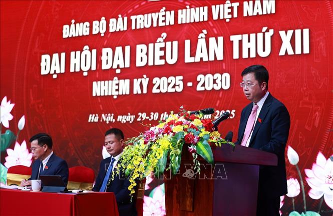 Bí thư Đảng ủy, Tổng Giám đốc Đài Truyền hình Việt Nam Nguyễn Thanh Lâm phát biểu. Ảnh: Dương Giang-TTXVN
