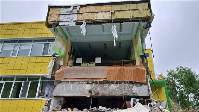 Một nhà trẻ bị hư hại sau trận động đất có độ lớn 8,8 ở Petropavlovsk-Kamchatka, Nga ngày 30/7/2025. Ảnh: THX/TTXVN
