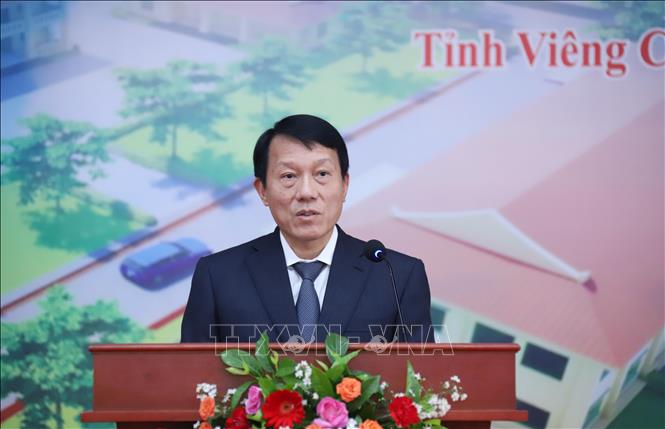 Bộ trưởng Bộ Công an Lương Tam Quang phát biểu tại Lễ khánh thành Trung tâm cai nghiện ma túy ở tỉnh Viêng Chăn, Bắc Lào. Ảnh: Xuân Tú - PV TTXVN tại Lào