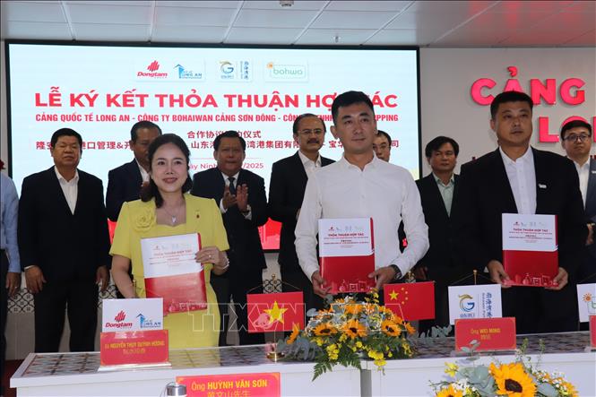 Ký kết thỏa thuận hợp tác giữa Cảng Quốc tế Long An, SPG Bohaiwan Port và Bohwa Shipping. Ảnh: Thanh Bình - TTXVN