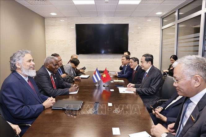 NA Chairman Tran Thanh Man meets with President of the National Assembly of People’s Power of Cuba Esteban Lazo. VNA Photo: Doãn Tấn 