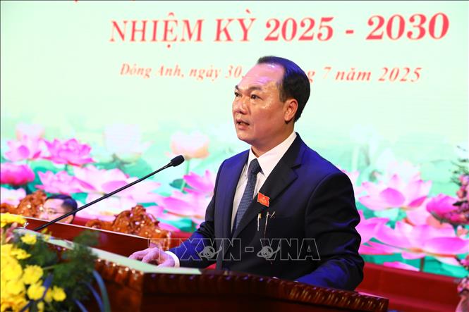 Đồng chí Nguyễn Anh Dũng được chỉ định giữ chức Bí thư Đảng ủy, Chủ tịch HĐND xã Đông Anh, phát biểu tại Đại hội. Ảnh: Quốc Lũy - TTXVN