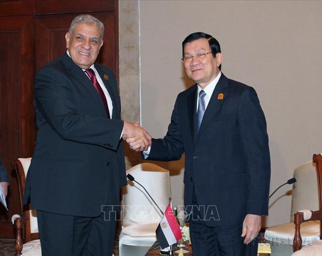 Trong thời gian dự Hội nghị Cấp cao Á - Phi tại Indonesia, ngày 23/4/2015, Chủ tịch nước Trương Tấn Sang hội kiến Thủ tướng Ai cập Adli Mansour. Ảnh: Nguyễn Khang – TTXVN