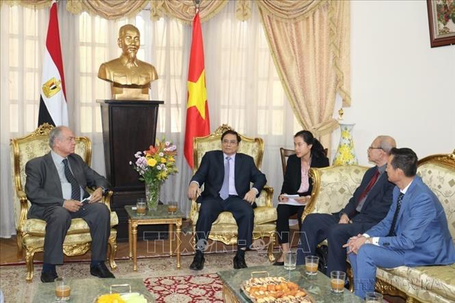 Trưởng Ban Tổ chức Trung ương Phạm Minh Chính gặp lãnh đạo Đảng Xã hội Ai Cập, Đảng Liên minh Nhân dân Xã hội Ai Cập (9/12/2019). Ảnh: Anh Tuấn - TTXVN