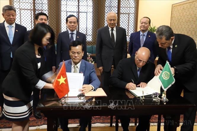 Phó Thủ tướng Trần Lưu Quang và Tổng thư ký Liên đoàn Arab Aboul Gheit chứng kiến lễ ký Bản ghi nhớ hợp tác giữa Bộ Ngoại giao Việt Nam và Ban Thư ký Liên đoàn Arab (Cairo, 26/7/2023). Ảnh: Nguyễn Trường - TTXVN