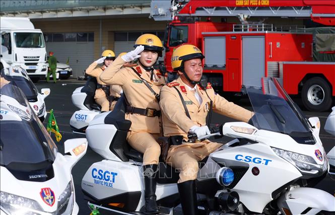 Khối xe mô tô lực lượng Cảnh sát giao thông tham gia diễu binh, diễu hành tại buổi hợp luyện lần 3. Ảnh: Phạm Kiên - TTXVN