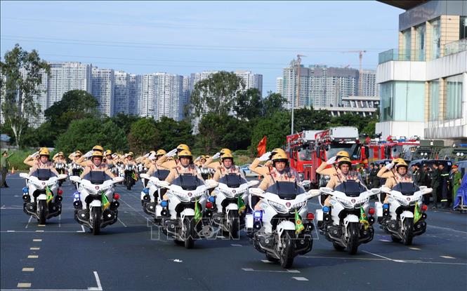 Khối xe mô tô lực lượng Cảnh sát giao thông tham gia diễu binh, diễu hành tại buổi hợp luyện lần 3. Ảnh: Phạm Kiên - TTXVN
