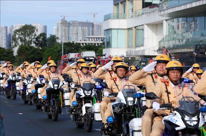 Khối xe mô tô lực lượng Cảnh sát giao thông tham gia diễu binh, diễu hành tại buổi hợp luyện lần 3. Ảnh: Phạm Kiên - TTXVN