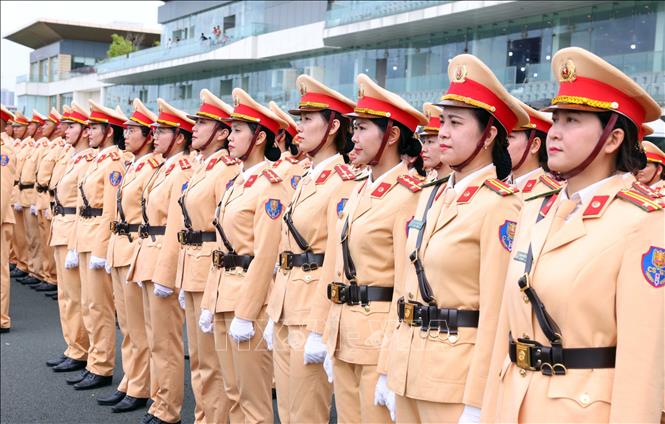 Khối nữ Cảnh sát giao thông tham gia diễu binh, diễu hành tại buổi hợp luyện lần 3. Ảnh: Phạm Kiên - TTXVN