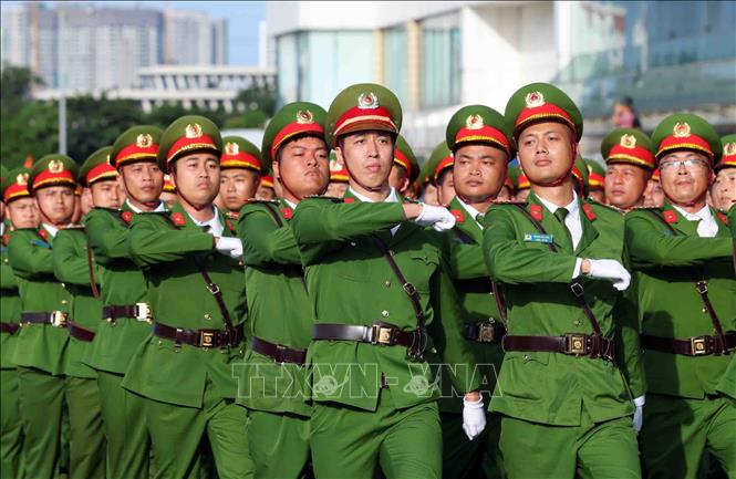 Khối nam chiến sĩ Cảnh sát tham gia diễu binh, diễu hành tại buổi hợp luyện lần 3. Ảnh: Phạm Kiên - TTXVN