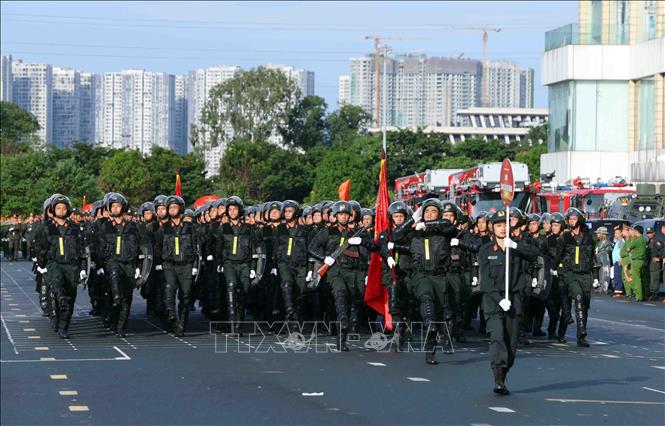 Khối nam Cảnh sát cơ động tham gia diễu binh, diễu hành tại buổi hợp luyện lần 3. Ảnh: Phạm Kiên - TTXVN