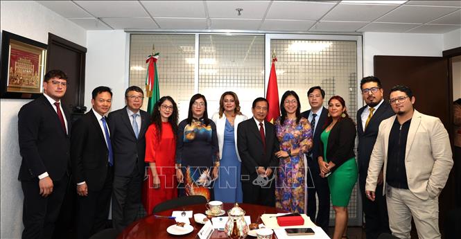 Phó Trưởng Ban Tuyên giáo và Dân vận Trung ương Đinh Thị Mai và đoàn công tác chụp ảnh chung với Hạ nghị sĩ Ana Karina Rojo Pimentel - Chủ tịch Ủy ban Phúc lợi Hạ viện Mexico, Chủ tịch Nhóm Nghị sĩ Hữu nghị Mexico – Việt Nam. Ảnh: Phi Hùng - PV TTXVN tại Mexico.
