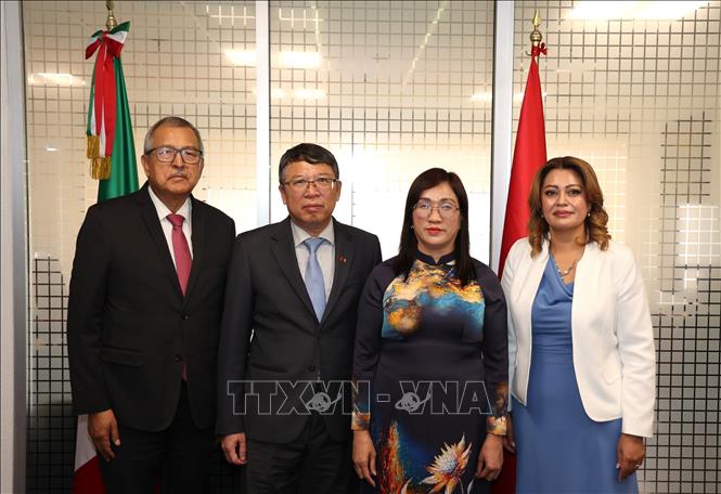 Phó Trưởng Ban Tuyên giáo và Dân vận Trung ương Đinh Thị Mai (thứ 2, phải sang) và Đại sứ Việt Nam tại Mexico Nguyễn Văn Hải (thứ 2, trái sang) cùng Hạ nghị sĩ Ana Karina Rojo Pimentel (phải), Chủ tịch Ủy ban Phúc lợi Hạ viện Mexico, Chủ tịch Nhóm Nghị sĩ Hữu nghị Mexico – Việt Nam. Ảnh: Phi Hùng - PV TTXVN tại Mexico
