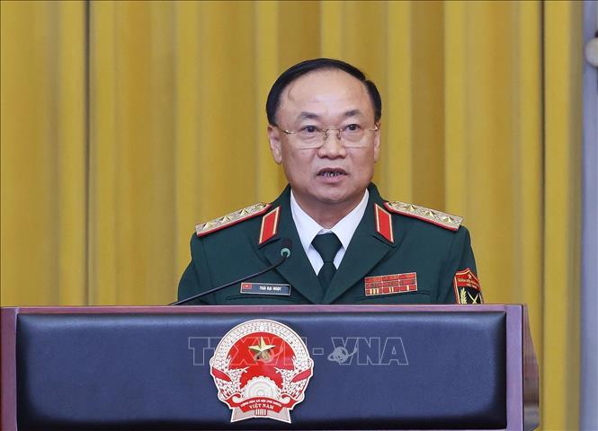 Thượng tướng Thái Đại Ngọc, Ủy viên Trung ương Đảng, Ủy viên Quân ủy Trung ương, Phó Tổng Tham mưu trưởng Quân đội nhân dân Việt Nam thay mặt các đồng chí được thăng quân hàm, cấp bậc hàm phát biểu. Ảnh: Lâm Khánh - TTXVN