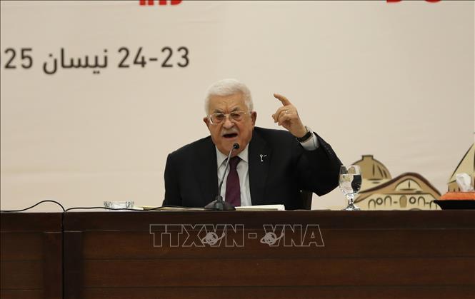 Tổng thống Palestine Mahmoud Abbas phát biểu tại Ủy ban Trung ương Tổ chức giải phóng Palestine tại thành phố Ramallah, Khu Bờ Tây, ngày 23/4/2025. Ảnh: THX/TTXVN