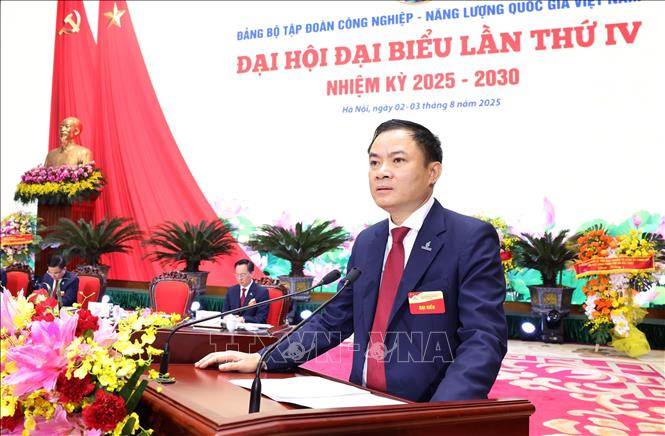 Đồng chí Lê Ngọc Sơn, Phó Bí thư Đảng ủy, Tổng giám đốc Tập đoàn Công nghiệp - Năng lượng Quốc gia Việt Nam trình bày Báo cáo chính trị. Ảnh: Quốc Khánh - TTXVN