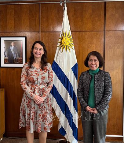 Đại sứ Việt Nam Ngô Minh Nguyệt làm việc với Thứ trưởng Bộ Ngoại giao Uruguay Valeria Csukasi. Ảnh: Diệu Hương - Pv TTXVN tại Nam Mỹ